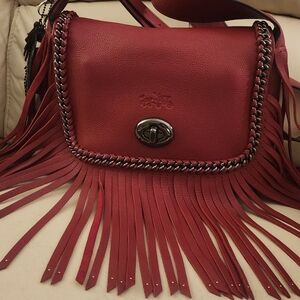 Coach Dakota Leather Fringe Crossbody with Chain Trim